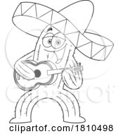 Poster, Art Print Of Mexican Cactus Mascot Playing A Guitar Black And White Clipart Cartoon