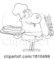 Chef With Steak And Kebabs Black And White Clipart Cartoon