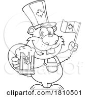 Poster, Art Print Of Canadian Beaver With A Flag And Beer Black And White Clipart Cartoon