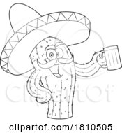 Mexican Cactus Mascot With A Beer Black And White Clipart Cartoon