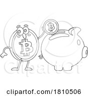 Bitcoin Mascot Making A Piggy Bank Deposit Black And White Clipart Cartoon by Hit Toon