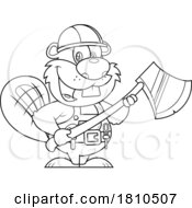 Poster, Art Print Of Worker Beaver Holding An Axe Black And White Clipart Cartoon