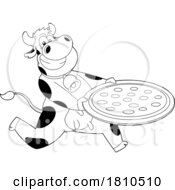 Cow Mascot With Pizza Black And White Clipart Cartoon