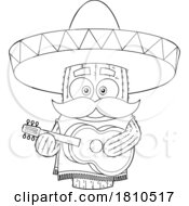 Mexican Cactus Mascot Playing A Guitar Black And White Clipart Cartoon