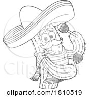 Mexican Cactus Mascot Playing Maracas Black And White Clipart Cartoon