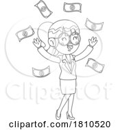 Poster, Art Print Of Money Raining Down On A Business Woman Black And White Clipart Cartoon
