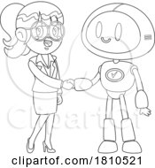 Poster, Art Print Of Business Woman Meeting A Robot Black And White Clipart Cartoon