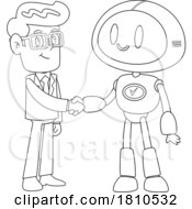 Businessman Meeting A Robot Black And White Clipart Cartoon