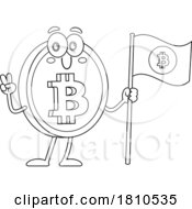 Bitcoin Mascot With A Flag Black And White Clipart Cartoon by Hit Toon