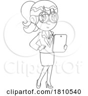 Poster, Art Print Of Business Woman With A Tablet Black And White Clipart Cartoon