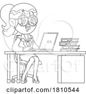 Business Woman At A Desk Black And White Clipart Cartoon