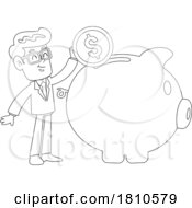 Businessman Making A Piggy Bank Deposit Black And White Clipart Cartoon