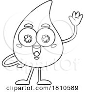 Blood Drop Mascot Waving Black And White Clipart Cartoon