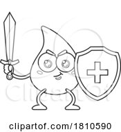 Blood Drop Mascot With Shield And Sword Black And White Clipart Cartoon