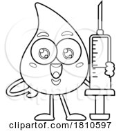 Blood Drop Mascot With Syringe Black And White Clipart Cartoon
