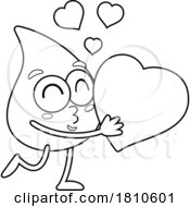 Blood Drop Mascot Hugging A Heart Black And White Clipart Cartoon