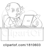 Shady Businessman With Moneybag On Desk Black And White Clipart Cartoon