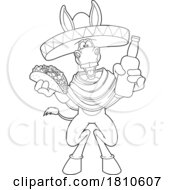 Mexican Donkey Mascot With Beer And A Taco Black And White Clipart Cartoon