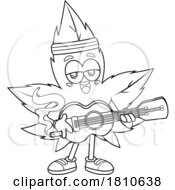 Pot Leaf Mascot Playing The Guitar Black And White Clipart Cartoon