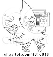 Pot Leaf Mascot With A Boombox Black And White Clipart Cartoon by Hit Toon