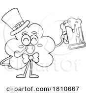 Poster, Art Print Of Shamrock Mascot With A Pipe And Beer Black And White Clipart Cartoon