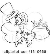 Shamrock Mascot With A Pot Of Gold Black And White Clipart Cartoon