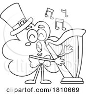 Poster, Art Print Of Shamrock Mascot Playing A Harp Black And White Clipart Cartoon