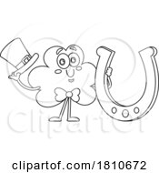 Poster, Art Print Of Shamrock Mascot With A Lucky Horseshoe Black And White Clipart Cartoon