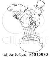 Shamrock Mascot Sliding Down A Rainbow To A Pot Of Gold Black And White Clipart Cartoon