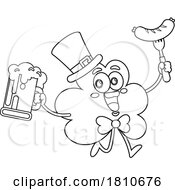 Poster, Art Print Of Shamrock Mascot With A Sausage And Beer Black And White Clipart Cartoon