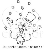 Poster, Art Print Of Coins Raining Down On A Shamrock Mascot Black And White Clipart Cartoon