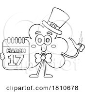 04/18/2024 - Shamrock Mascot With March 17 Calendar Black And White Clipart Cartoon