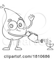 Water Drop Mascot Watering A Plant Black And White Clipart Cartoon