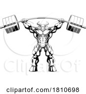 Ripped Bull Mascot Holding Up A Barbell Licensed Black And White Clipart Cartoon
