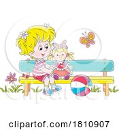 Poster, Art Print Of Cartoon Clipart Girl Sitting On A Bench With Her Doll