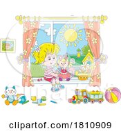 Cartoon Clipart Girl Sitting In A Window With Her Doll