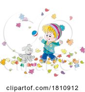 Poster, Art Print Of Cartoon Clipart Boy And Puppy Playing In Fall Leaves