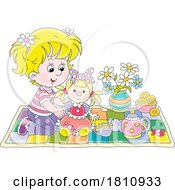 Poster, Art Print Of Cartoon Clipart Girl Playing With Her Doll And Tea Set