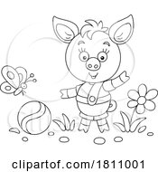 Poster, Art Print Of Cartoon Clipart Piglet With A Ball And Butterfly