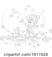 Poster, Art Print Of Cartoon Clipart Boy And Puppy Playing In Fall Leaves