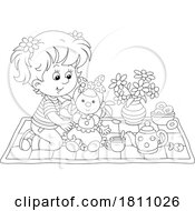 Cartoon Clipart Girl Playing With Her Doll And Tea Set
