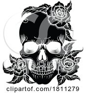 Skull Roses Engraved Woodcut Etching Tattoo Design