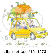 Licensed Clipart Cartoon Senior Couple In A Car With A Giant Pumpkin And Garden Stuff On Top