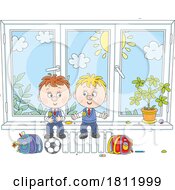 Poster, Art Print Of Cartoon School Boys Sitting On A Window Seat