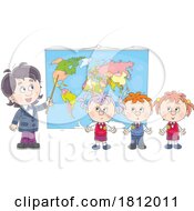 Cartoon School Children And Teacher With A Map