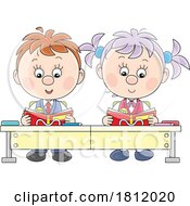 Cartoon School Children Reading At Desks