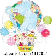 Cartoon School Children In A Map Hot Air Balloon