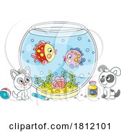 Poster, Art Print Of Cartoon Kitty Cat And Puppy Watching Fish