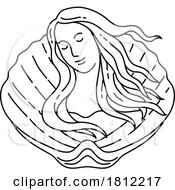 Venus With Flowing Hair On Clam Shell Mono Line Art