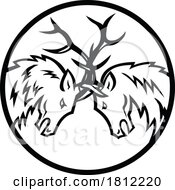 Poster, Art Print Of Bull Elk Or Wapiti In Fighting In Rut Circle Mascot Retro